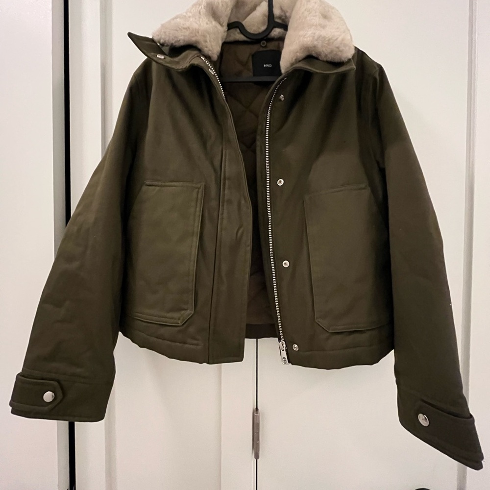 Mango Olive Green Jacket with Detachable Faux Fur Collar